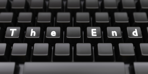 THE END white letter text on black computer laptop keyboard background. Stopping work, connection, communication, chatting. 3d render