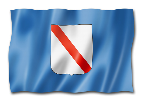 Campania region flag, Italy waving banner collection. 3D illustration