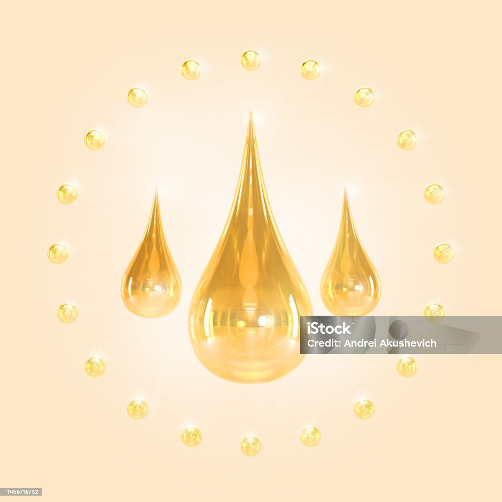 Golden drops of oil, serum droplets or honey on beige background 3d render. Circle of clear bubbles or gold pearls with liquid yellow drips cosmetic. Mockup banner argan or jojoba oil Golden drops of oil, serum droplets or honey on beige background 3d render. Circle of clear bubbles or gold pearls with liquid yellow drips cosmetic. Mockup banner argan or jojoba oil, 3D illustration Collagen Stock Photo