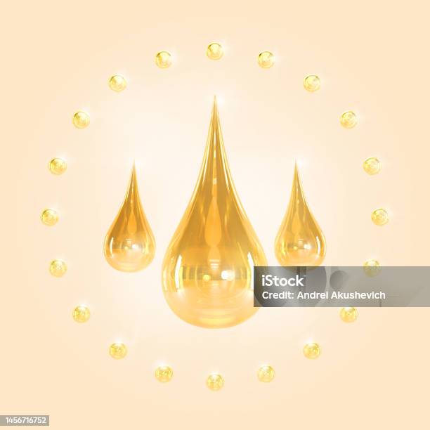 Golden Drops Of Oil Serum Droplets Or Honey On Beige Background 3d Render Circle Of Clear Bubbles Or Gold Pearls With Liquid Yellow Drips Cosmetic Mockup Banner Argan Or Jojoba Oil Stock Photo - Download Image Now