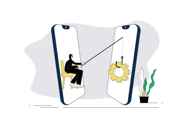 Vector illustration of Thief, fishhook, mobile phone, gear.