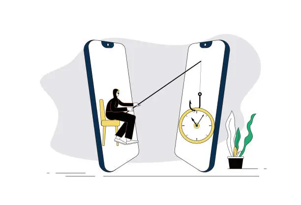 Vector illustration of Thief, fishhook, mobile phone, clock.