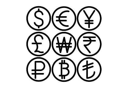 USD, Bitcoin, CNY vs JPY, EUR, RUB, INR, KRW
, turkish currency, pound sign, icon.