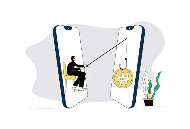 Vector illustration of Thief, Fishhook, Mobile Phone, Korean Won.