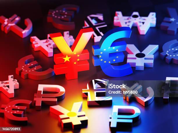Euro Symbol And Chinese Yuan Symbol Concept Stock Photo - Download Image Now - Banking, Black Color, British Currency