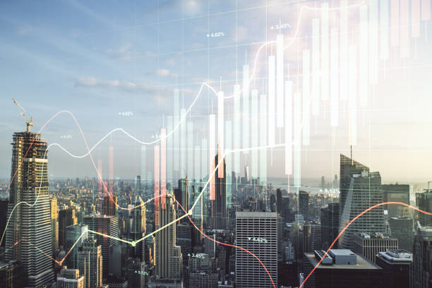 istock Multi exposure of virtual abstract financial graph interface on Manhattan cityscape background, financial and trading concept 1456721082