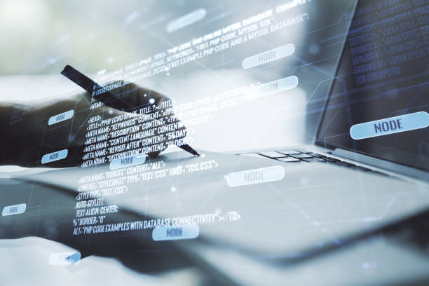 istock Multi exposure of abstract graphic coding sketch with hand writing in diary on background with laptop, big data and networking concept 1456721701