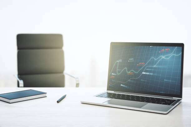 istock Modern computer monitor with abstract creative statistics data hologram, statistics and analytics concept. 3D Rendering 1456721753