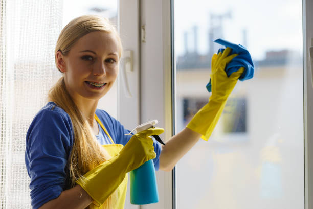 istock Woman cleaning window at home 1456721818