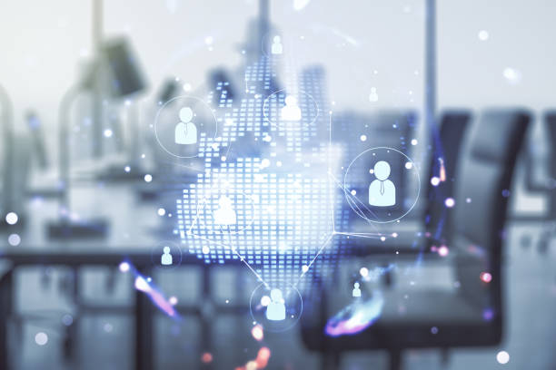istock Virtual social network hologram and world map on a modern furnished office background. Multiexposure 1456722064