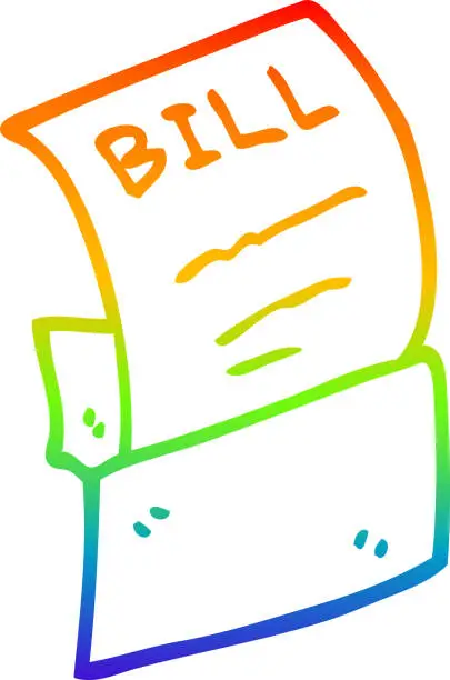 Vector illustration of rainbow gradient line drawing of a cartoon bill in envelope