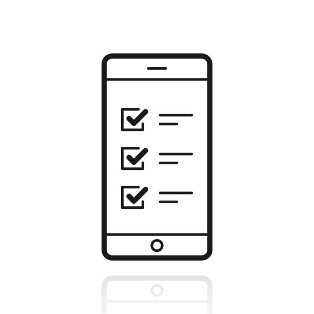 illustrazioni stock, clip art, cartoni animati e icone di tendenza di smartphone con lista di controllo. icona con riflesso su sfondo bianco - to do list computer icon checklist communication