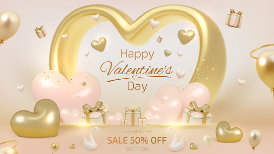 Valentine's day background with realistic swan couple elements and heart shaped decoration.