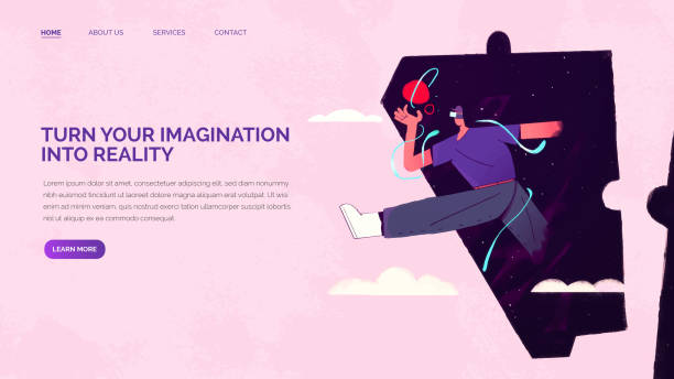 istock Landing page template. Turn your imagination into reality. Concept with character moving in dreams, imagination and ideas with VR headset. 1456725789