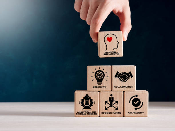 Soft skills concept with emotional intelligence, creativity, collaboration, adaptability, decision making and analytical thinking. Soft skills HR concept. Hand puts wooden cubes with icons of soft skills, emotional intelligence, creativity, collaboration, adaptability, decision making and analytical thinking. skill stock pictures, royalty-free photos & images