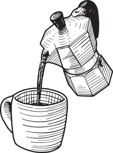 Vector illustration of moka pot pouring coffee