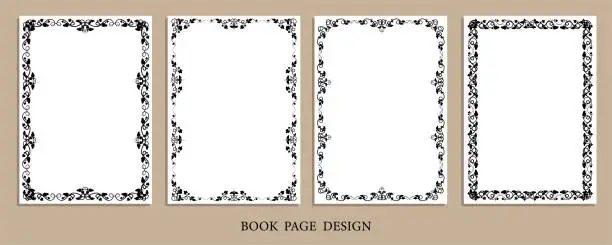 Vector illustration of Set of rectangular frames with vines and leaves for decorative design of book pages, diplomas and certificates in A4 format. Minimalistic vector isolated on white background