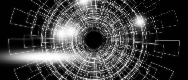 istock Dark tech abstract background with neon glow. Cyber circle laser figure on abstract background 1456728850