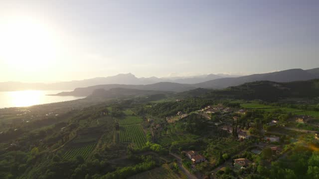 Aerial view of a village with lovely villas located in northern Italy, on the shores of Lake Garda.