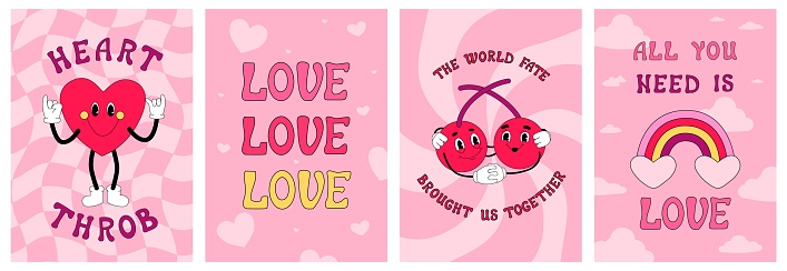 Groove cards for Valentine's day. Retro illustrations about love. Romantic cherry, vintage rainbow, heart use finger language. Cartoon style of 60s - 70s