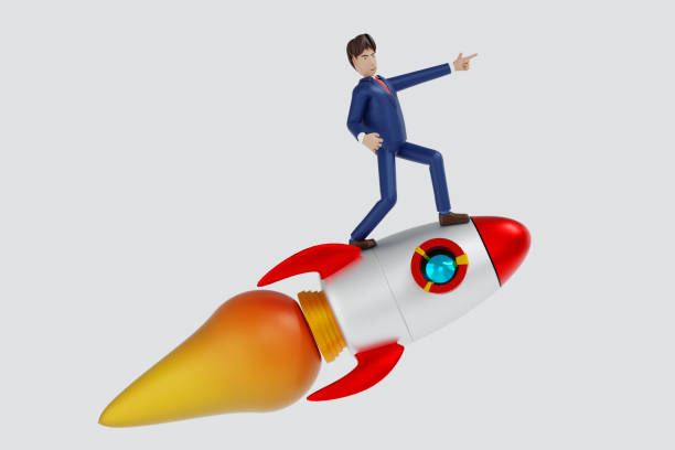 istock Launch business startup, new company concept, Businessman standing on rocket up, 3D rendering cartoon character. 1456730258
