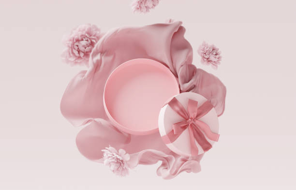 3D background gift, open box display for cosmetic product presentation with cherry sakura flower. Present with pastel pink ribbon. Spring branding banner. 3D render shopping mockup
