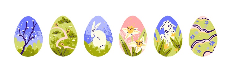 Easter egg-shaped designs, paintings set. Spring holiday decoration with meadow flowers, grass, bunny, rabbit animal, tree branch, nature. Flat vector illustrations isolated on white background