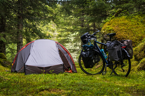Tent and a bike loaded with luggage in beautiful green forest sourrounding