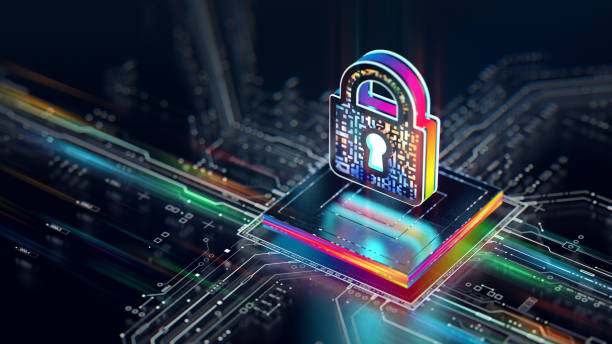 concetto di sicurezza hardware. firewall di protezione digitale con processore centrale del computer e circuito stampato futuristico - sistemi di sicurezza foto e immagini stock