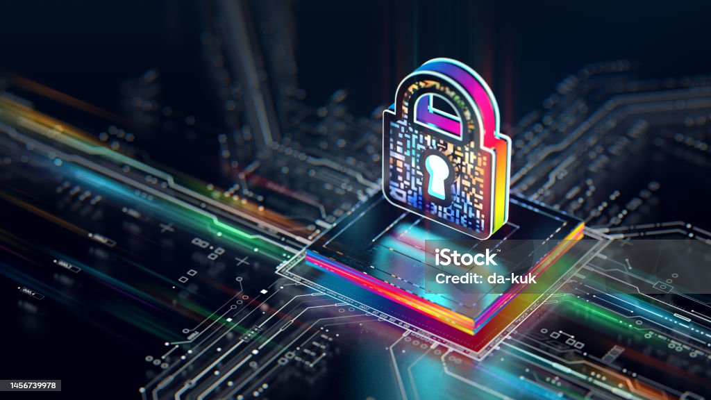 Hardware security concept. Digital shield firewall with central computer processor and futuristic circuit board Hardware security and data safety concept. Digital lock with central computer processor and futuristic circuit board. Motherboard digital chip tech science background. Integrated security processor all in one technology Network Security Stock Photo