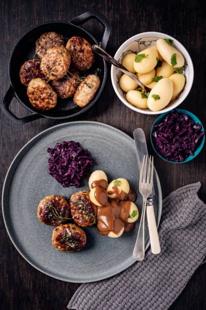 Frikadeller with Potatoes and Red Cabbage stock photo