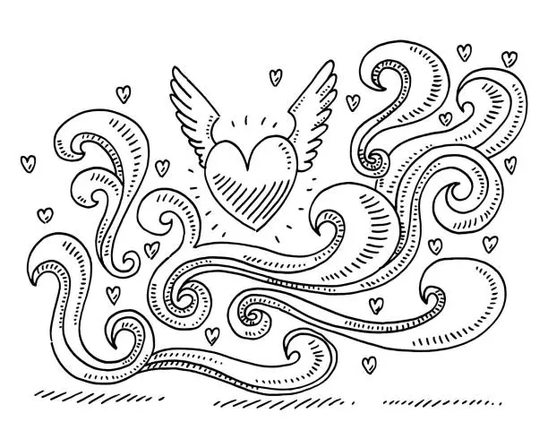 Vector illustration of Love Heart Wings Swirl Pattern Drawing