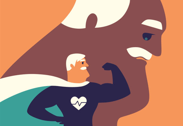 senior super hero flexing arm beside sad man vector illustration of senior super hero flexing arm beside sad man old man depressed stock illustrations