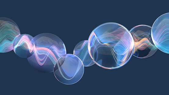Wave of translucent circles connected by a wave of light with subtle reflections of mountain ridges, 3d render.
