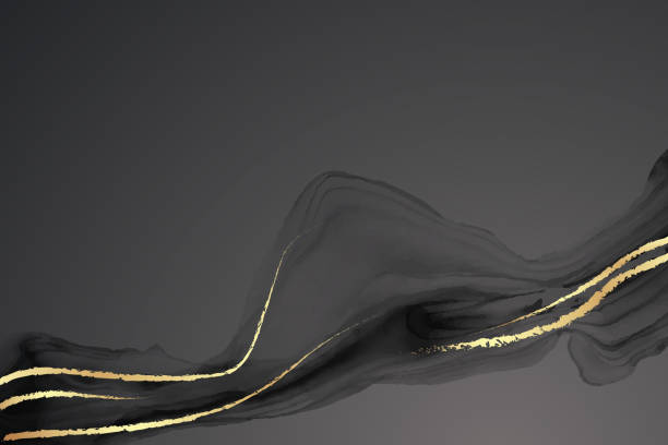 istock Watercolor background with abstract black ink waves and golden curves. 1456743797