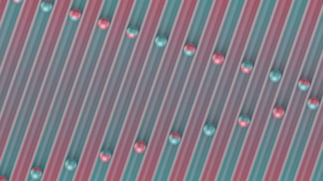 Multicolored glitter balls roll down grooves, creating a fancy geometric wavy pattern. Digital background. 3d rendering seamless loop animation 4K