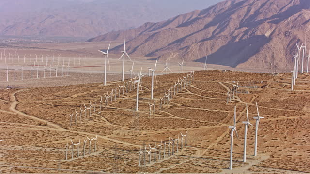 AERIAL Windmills in a desert near Palm Springs, CA