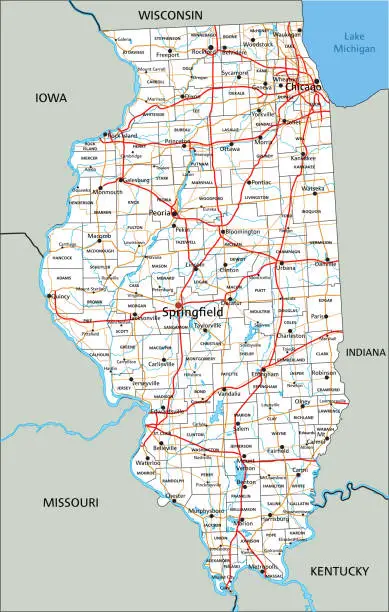 Vector illustration of High detailed Illinois road map with labeling.