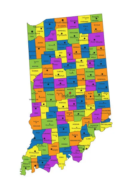 Vector illustration of Colorful Indiana political map with clearly labeled, separated layers. Vector illustration.