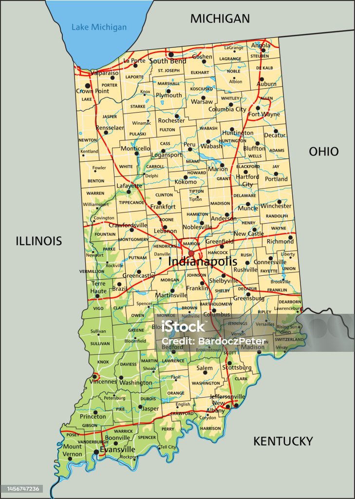 Indianamap Pretty High Detailed Indiana Physical Map With Labeling Stock Illustration ...
