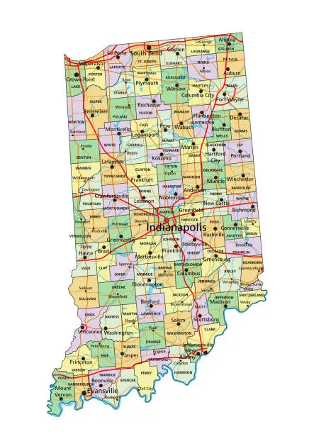 Vector illustration of Indiana - Highly detailed editable political map with labeling.