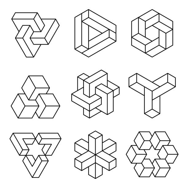 niemożliwe kształty ustawiają ikonę linii. grupa geometrii złudzenia optycznego. sztuczka percepcji wzrokowej. - geometry mathematics mathematical symbol triangle stock illustrations