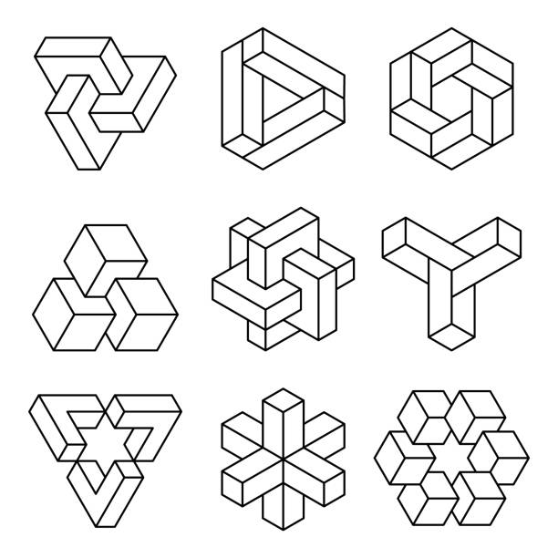 невозможные фигуры устанавливают значок линии. группа геометрии оптической иллюзии. трюк визуального восприятия. - cube puzzle three dimensional shape block stock illustrations