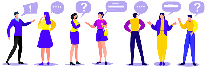 Social network concept illustration, group of people talking with speech bubbles, women asking, answering questions. Young couple sharing impressions, talking to friends,