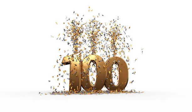 number 100 in golden letters with gold and silver confetti on transparent background - 3d rendering