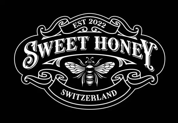 Vector illustration of Vintage honey label with a bee logo