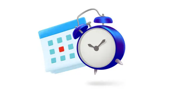 Vector illustration of Blue alarm clock with calendar. 3d vector illustration