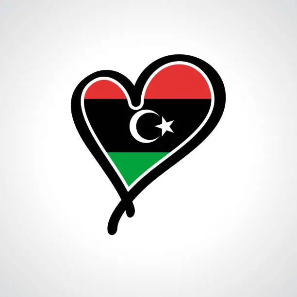 Vector illustration of Libyan flag heart-shaped hand drawn logo. Vector illustration.