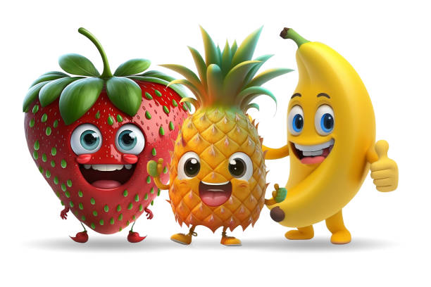 strawberry, ananas and banana cartoon characteres on white background strawberry, ananas and banana cartoon characteres on white background - 3D rendering ananas stock pictures, royalty-free photos & images
