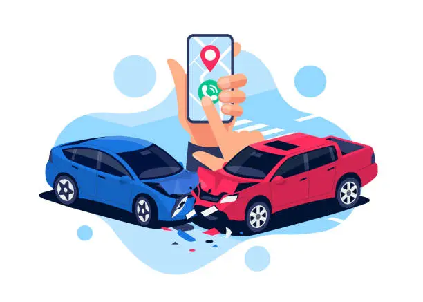 Vector illustration of Two car collision crash accident with smartphone in hand